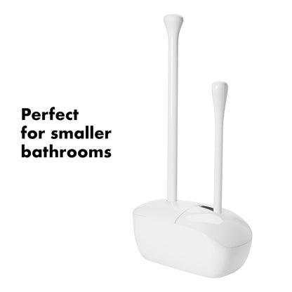 OXO Good Grips Juego de cepillo y destapacaño para baño | Recipiente que ahorra espacio, apoyo para puertas abiertas, cerdas resistentes, esencial para baño, ideal para baños pequeños