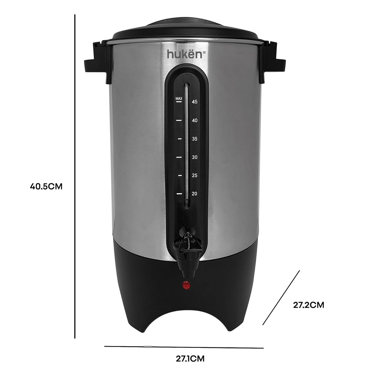 Urna de Café MasterChef by Hukën, capacidad 45 Tazas Acero Inoxidable con Ventanilla Indicadora de Nivel de Agua, 1000W de Potencia para Rápido Calentamiento, modelo MK-UCM-45