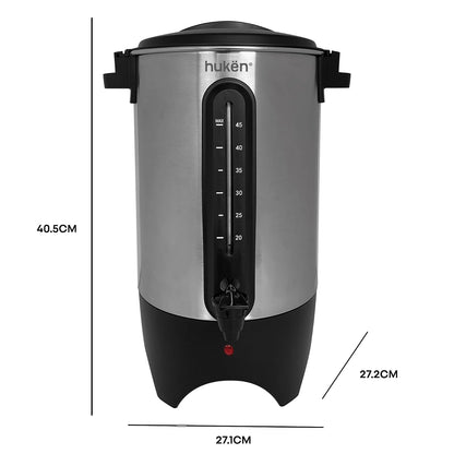 Urna de Café MasterChef by Hukën, capacidad 45 Tazas Acero Inoxidable con Ventanilla Indicadora de Nivel de Agua, 1000W de Potencia para Rápido Calentamiento, modelo MK-UCM-45
