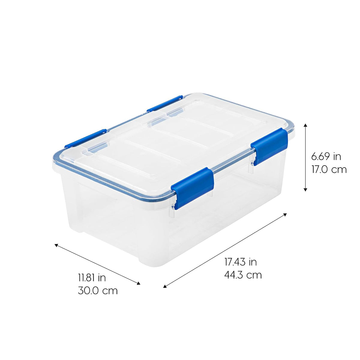 IRIS USA 3 Contenedores de 16 Qt con Tapa Hermética, Claro/Azul | El sello WeatherPro protege zapatos, manualidades, documentos y suministros del polvo y la humedad.