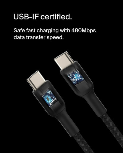 Belkin BoostCharge Cable trenzado USB-C a USB-C (2 M/6.5 pies) para iPhone 16, iPhone 16 Pro, iPhone 16 Pro Max, Galaxy S25, S24, Note, Pixel 9 y 8, iPad Pro, Nintendo Switch 2 y más, color negro