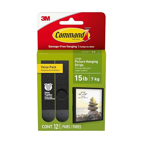 COMMAND 3M Tiras Adhesivas para Colgar Cuadros Grandes Negras 12 piezas | Decora sin dañar paredes, Removibles y sin residuos, No requiere herramientas, Soporta hasta 7.2 kg, Uso interior