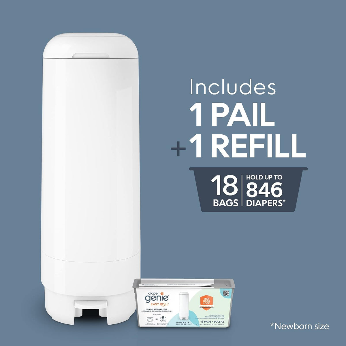 Bote para pañales Diaper Genie Signature | Incluye 1 recambio Easy Roll con 18 bolsas que pueden contener hasta 846 pañales tamaño recién nacido.