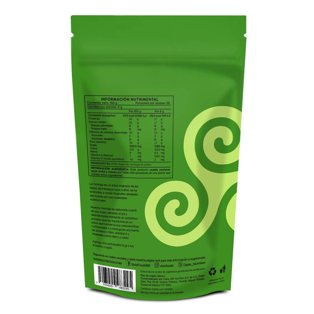 Vivio Foods, Moringa Orgánica En Polvo, 150 gramos