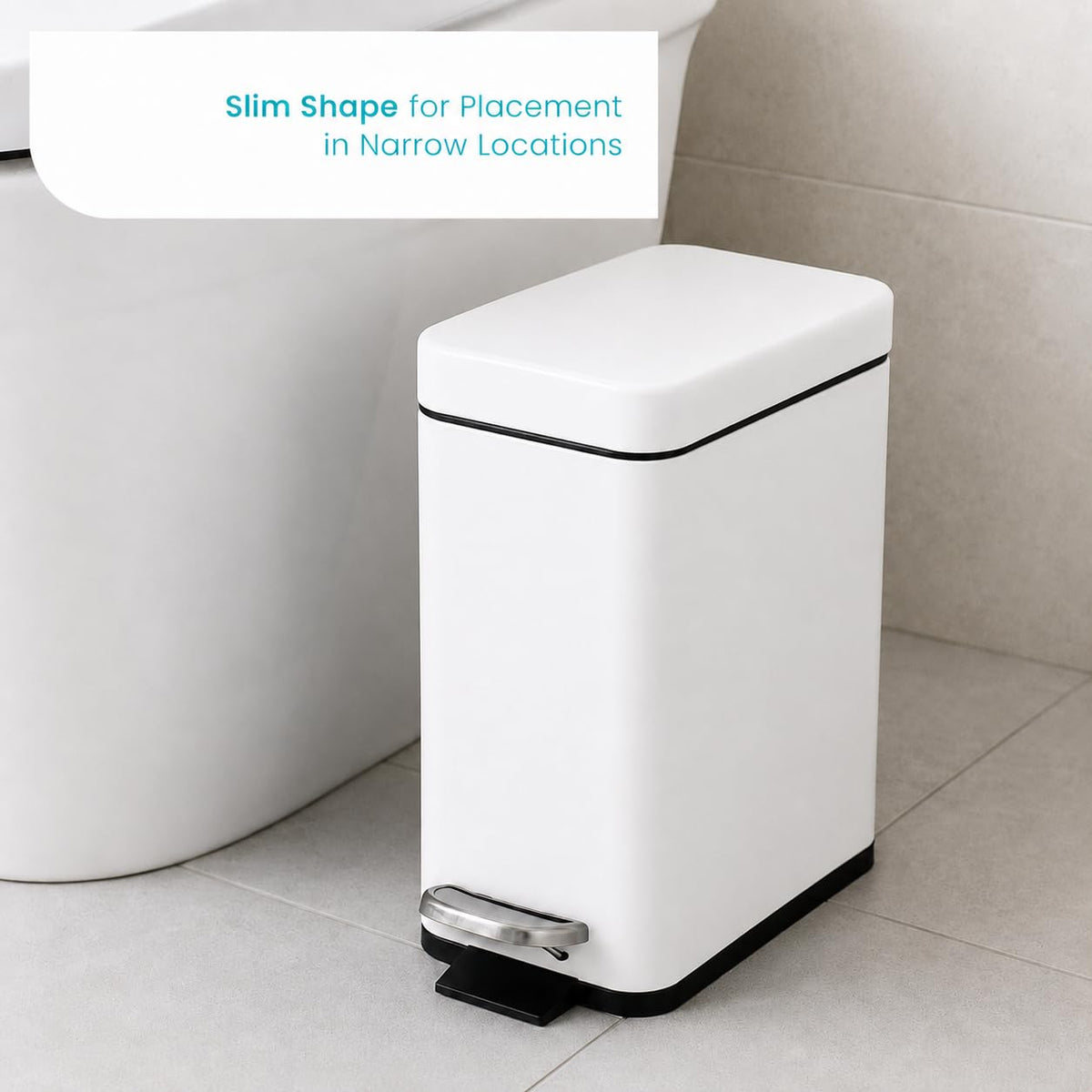 Home Zone Living - cubeta de basura pequeño de 1.3 galones con tapa y pedal, papelera de acero inoxidable con diseño delgado para el hogar y la oficina, blanco mate, 5 litros
