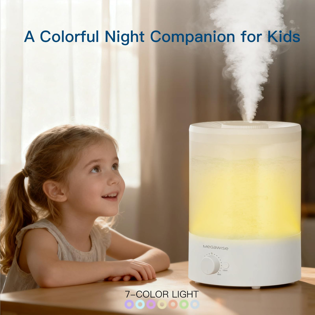 Humidificador MegaWise Topfill con luz nocturna de 7 colores, gran capacidad de 3,5 L, diseño antifugas y vapor fino.
