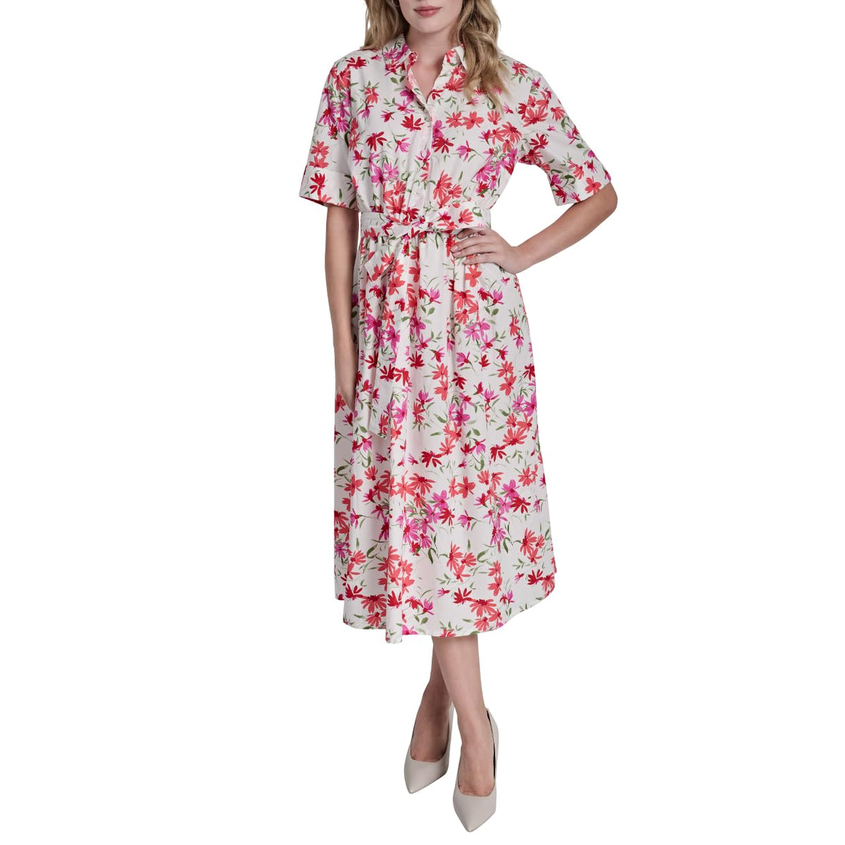 DKNY Vestido Envolvente sin Mangas con Logotipo para Mujer - Marfil - Coral Crush Multi - 6