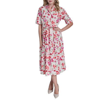 DKNY Vestido Envolvente sin Mangas con Logotipo para Mujer - Marfil - Coral Crush Multi - 6