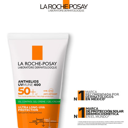 La Roche-Posay Anthelios Oil Control Toque Seco FPS 50+, Protector Solar Facial en Gel-Crema para Piel Grasa y Sensible, Matificante, Anti-Brillo, Sin Color, 50 ml