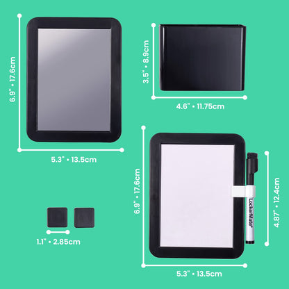 LockerMate Kit Organizador de 6 Piezas, Incluye Espejo, Pizarra Blanca, Taza de Almacenamiento y Marcador de borrado en seco, Negro