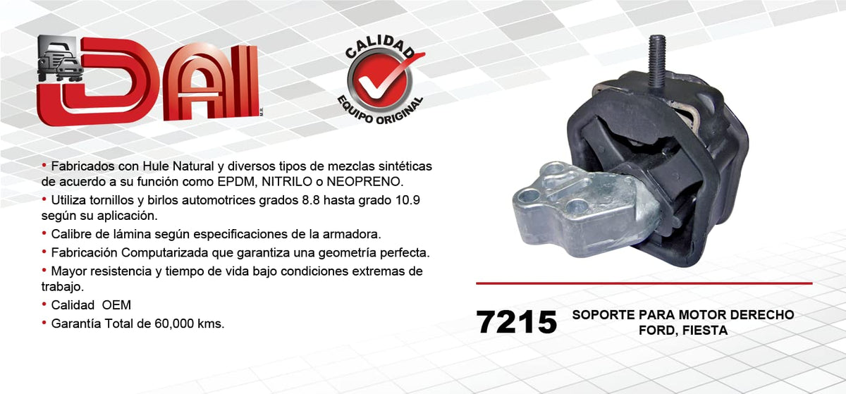 DAI 7215 Soporte Motor Derecho Neutro para Ford Fiesta 02-10 L4 1.6