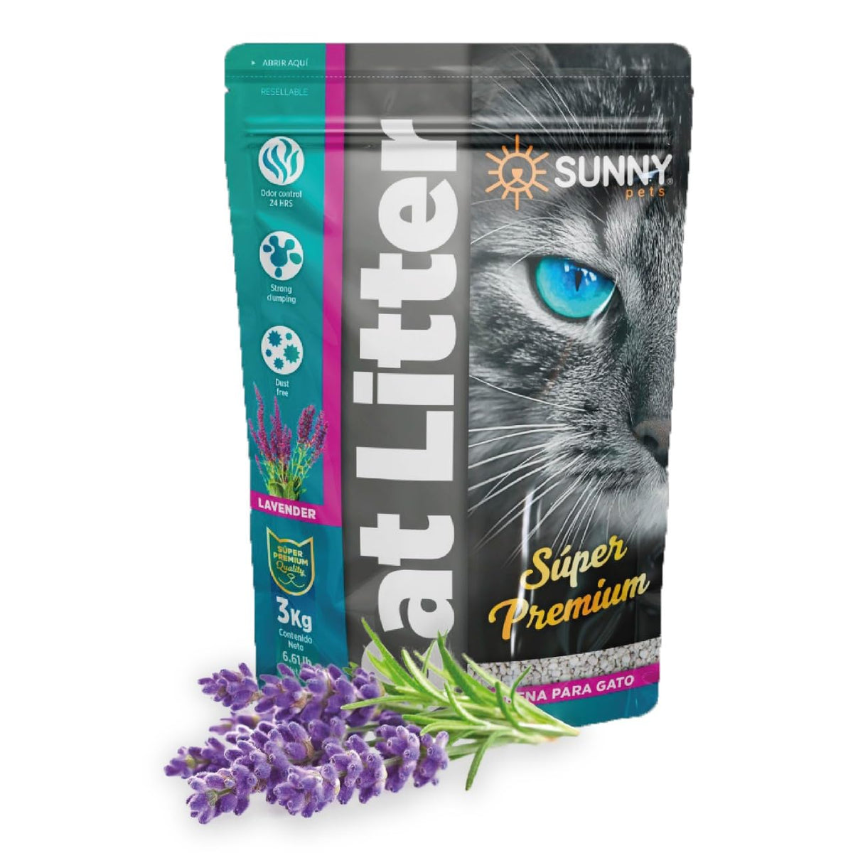 Sunny Arena para Gatos IMPORTADA Aroma Lavanda (Bolsa 3kg) BENTONITA Super AGLUTINANTE Y 99% Libre DE Polvo