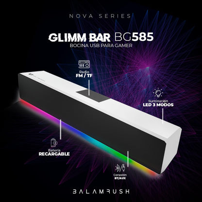 Glimm Bar BG585 Bocina Gamer, Soundbar con Bluetooth, Control Digital RGB, 10W de Potencia, Iluminación RGB (Blanco)