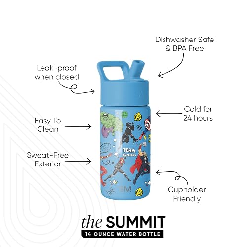 Simple Modern Marvel Avengers Kids Water Bottle with Straw Lid | Insulated Stainless Steel Reusable Tumbler Gifts for School, Toddlers, Boys | Summit Collection | 14oz, Avengers Heroes