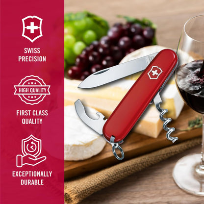 Victorinox Navaja Waiter Tipo Oficial, Roja, 9 Usos | Multiherramienta compacta de 84 mm con hoja grande, sacacorchos, abrebotellas y pelacables. Fabricado en Suiza