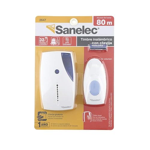 SANELEC, Timbre Inalámbrico con Clavija, Botón Transmisor a Prueba de Agua, Control de Volumen, Color Azul, Alcance de 80 metros, Modelo 2647