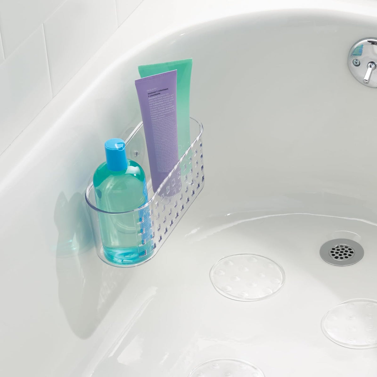 interDesign Basic Cesta para Ducha, Estante de baño de plástico con Ventosa para Colocar sin Taladro, Transparente