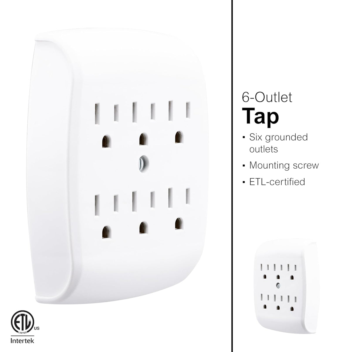 GE 6-Outlet Extender Wall Tap, 2 Pack, Grounded Adapter, Charging Station, 3-Prong, Secure Install, UL Listed, White, 46852