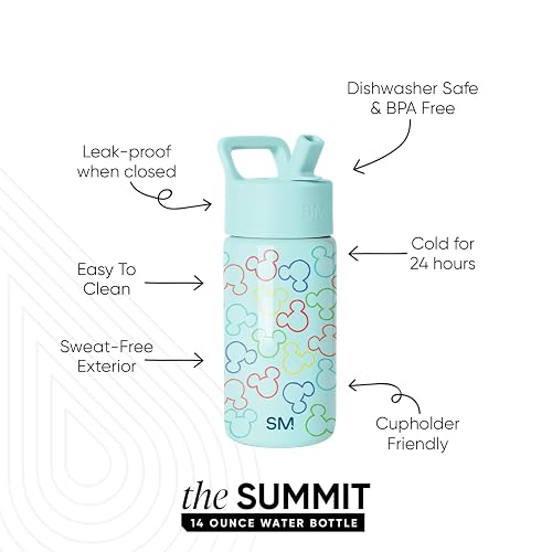 Simple Modern - Botella de agua Summit para niños con tapa de popote, vaso aislado de acero inoxidable de 14 onzas, para niños, escuela, saludos a Mickey Ears