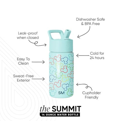 Simple Modern - Botella de agua Summit para niños con tapa de popote, vaso aislado de acero inoxidable de 14 onzas, para niños, escuela, saludos a Mickey Ears
