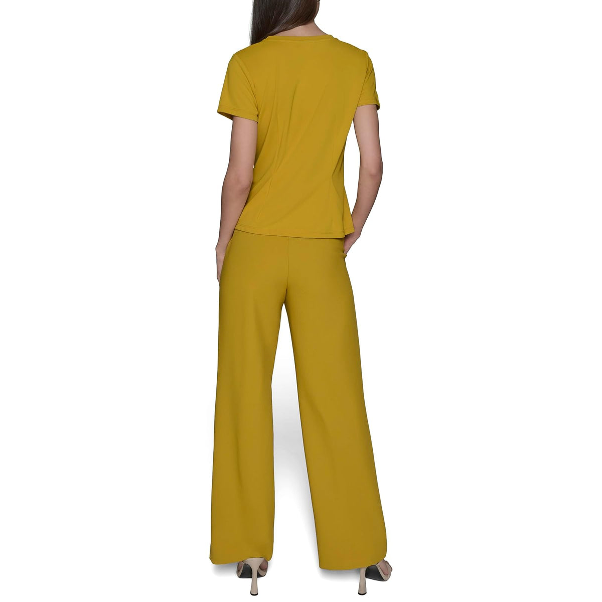 Karl Lagerfeld - Blusa Peplum de Manga Corta con Cuello Redondo y Plisado para Mujer, Dorado (Gold Flake)
