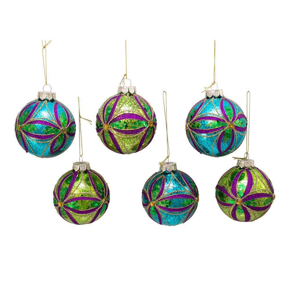 Kurt S. Adler Kurt Adler - Bola de Navidad de Vidrio de 80 mm, Adorno de Caja de 6 Piezas, Azul, Verde, Dorado, Morado, 6 Unidades