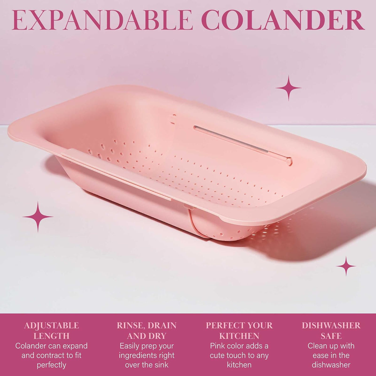 Paris Hilton Colador Extensible sobre el Fregadero, Ajustable de 14.5 a 19.5 Pulgadas, Rosa, Plástico Duradero sin BPA