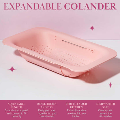 Paris Hilton Colador Extensible sobre el Fregadero, Ajustable de 14.5 a 19.5 Pulgadas, Rosa, Plástico Duradero sin BPA