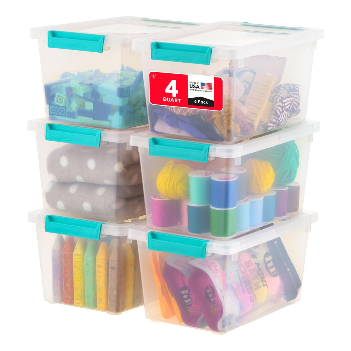 IRIS USA Contenedores de Plástico de 3.8 L con Tapa, Paquete de 6, Bin Sensorial Pequeño, Almacenamiento de Manualidades, Contenedor Organizativo para Hogar, Apilables, Transparente
