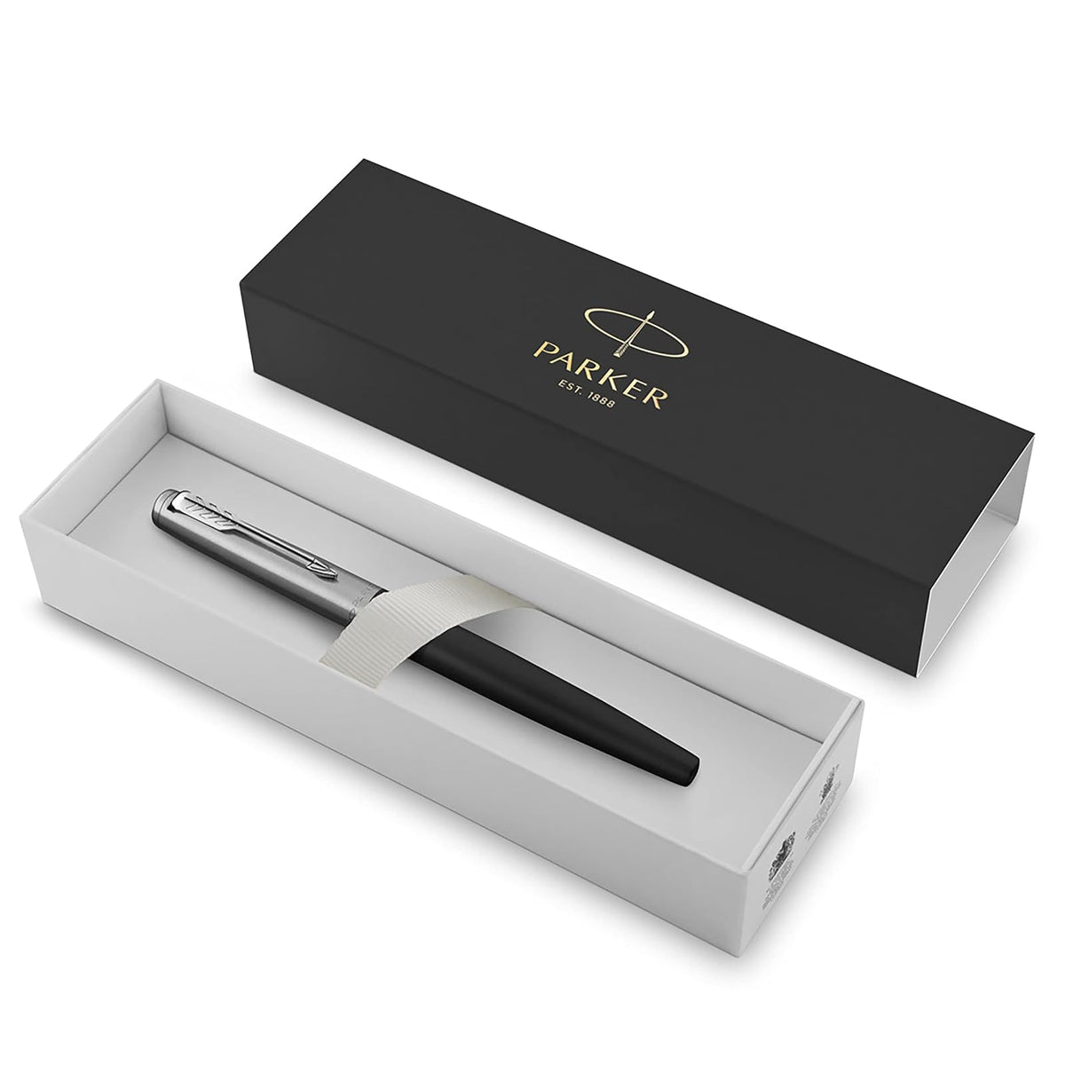Parker - Pluma estilográfica Jotter con caja de regalo, mango de metal negro, Spring Strength M, tinta azul