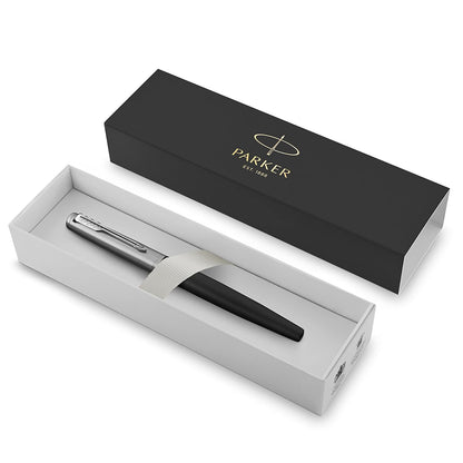 Parker - Pluma estilográfica Jotter con caja de regalo, mango de metal negro, Spring Strength M, tinta azul