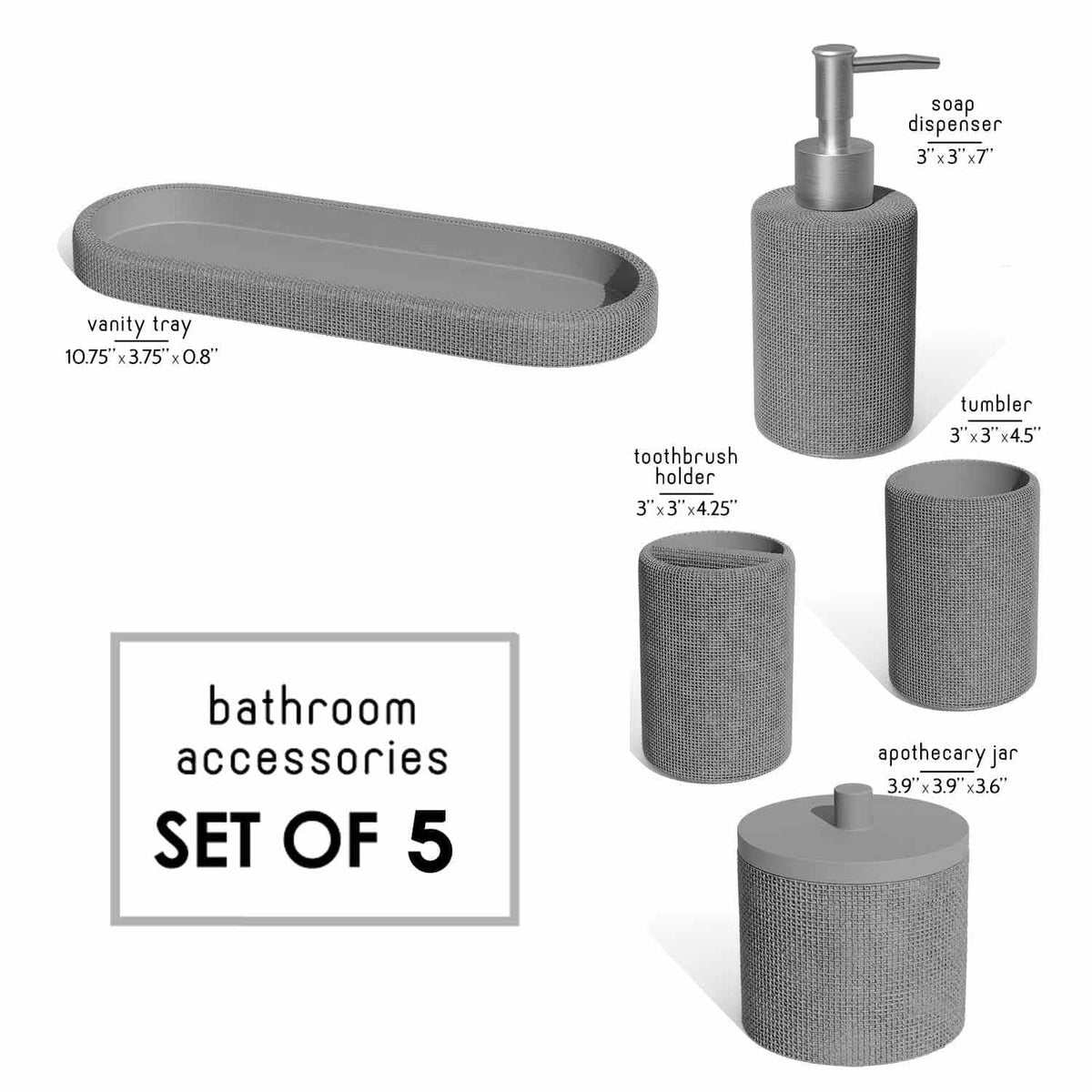 Clara Clark - Juego de Accesorios de baño Gris, Juego de Accesorios de baño de 5 Piezas, Juegos de baño con dispensador de jabón, Soporte para Cepillo para Polvo de Dientes, Vaso, Tarro de hisopo de