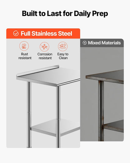 VEVOR Mesa de Trabajo de Acero Inoxidable 2 Niveles, Mesa de Preparación de Alimentos 76,2x61x89,4 cm, Estante Inferior Ajustable, Protector contra Salpicaduras, para Restaurantes, Bares, Hoteles
