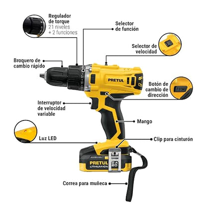 PRETUL TALI-20P2K, Kit taladro/destornillador 1/2", 20V con 32 accesorios