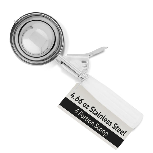 Restaurantware Met Lux Number 6 Disher Portion Scoop White Handle Measuring Cups, Stainless Steel, 4.66 oz