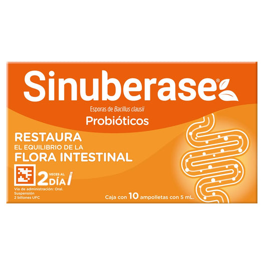Sinuberase Probióticos en Suspensión 2 Billones de UFC 10 Ampolletas. Restaura el Equilibrio de la Flora Intestinal Alterado por Diarrea o Uso de Antiobióticos