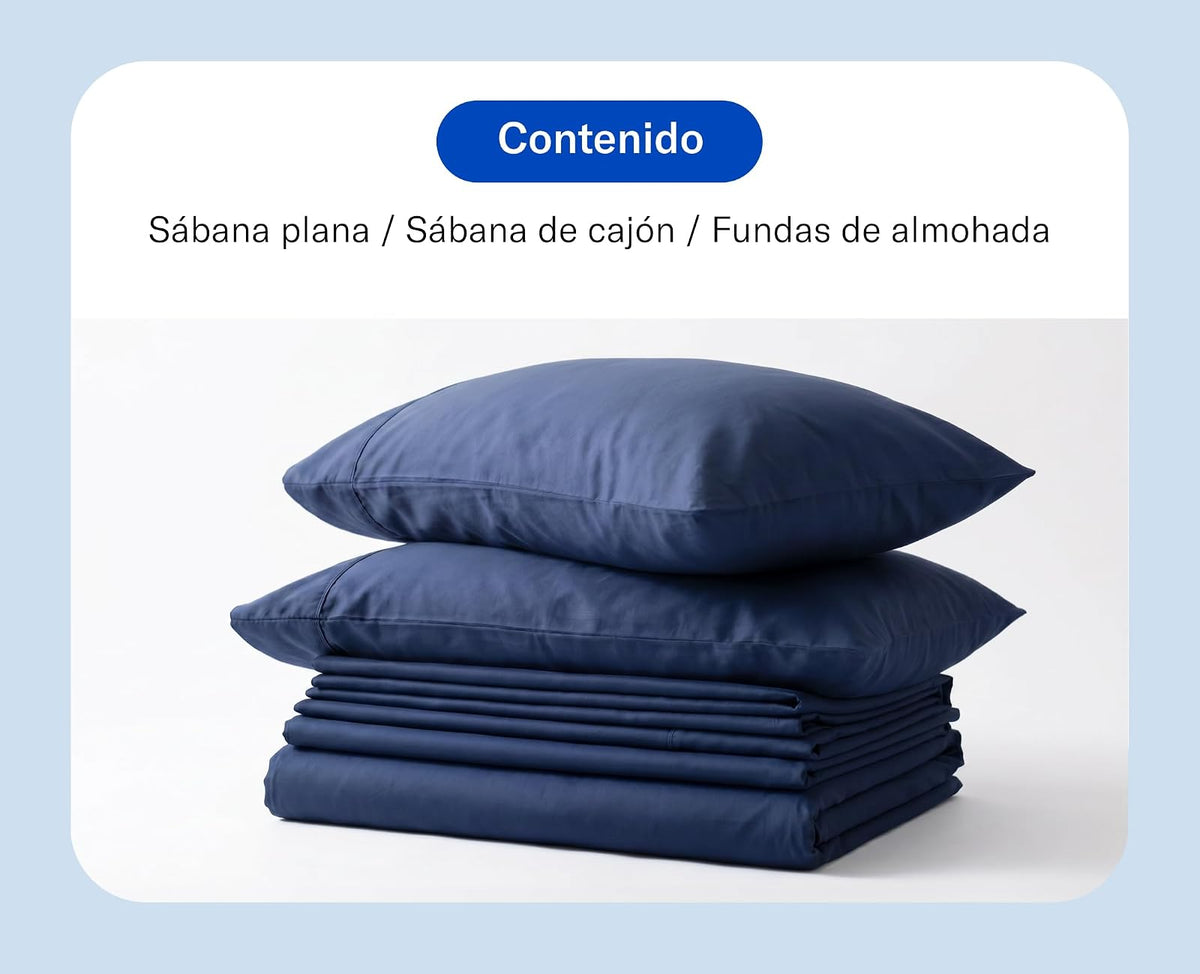Luuna Juego de Sábanas Matrimonial de Algodón Tipo Satín 400 Hilos, 1 Juego de 4 Piezas, Suaves, Frescas, Transpirables y Antimicrobianas, Alta Calidad, Marca Mexicana (Azul)