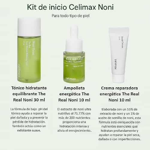 Celimax kit de inicio The Real Noni 3 piezas mini – Tónico Hidratante 20 ml, Ampolleta Calmante 10 ml y Crema Reparadora 10 ml – Cuidado facial vegano para todo tipo de piel – Skincare coreano