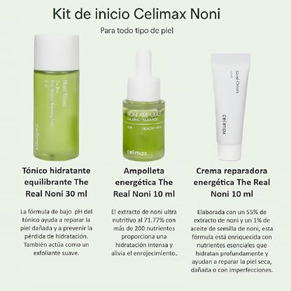 Celimax kit de inicio The Real Noni 3 piezas mini – Tónico Hidratante 20 ml, Ampolleta Calmante 10 ml y Crema Reparadora 10 ml – Cuidado facial vegano para todo tipo de piel – Skincare coreano