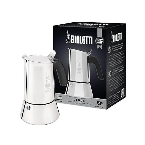 Bialetti - New Venus, Cafetera espresso de acero inoxidable, apta para todo tipo de fuegos, 4 tazas (5,7 oz), aluminio, plata