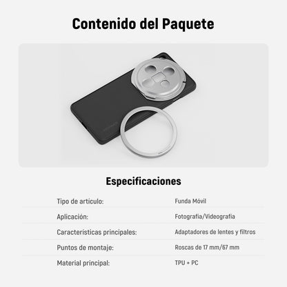 NEEWER X200 Pro Funda,Protectora Phone Case Compatible con Vivo X200 Pro, Resistente TPU + PC Faux Cuero con 17mm Lens Mounts & 67mm Adaptador Filtro para Carga Inalámbrica, PA114 Negro+Plateado