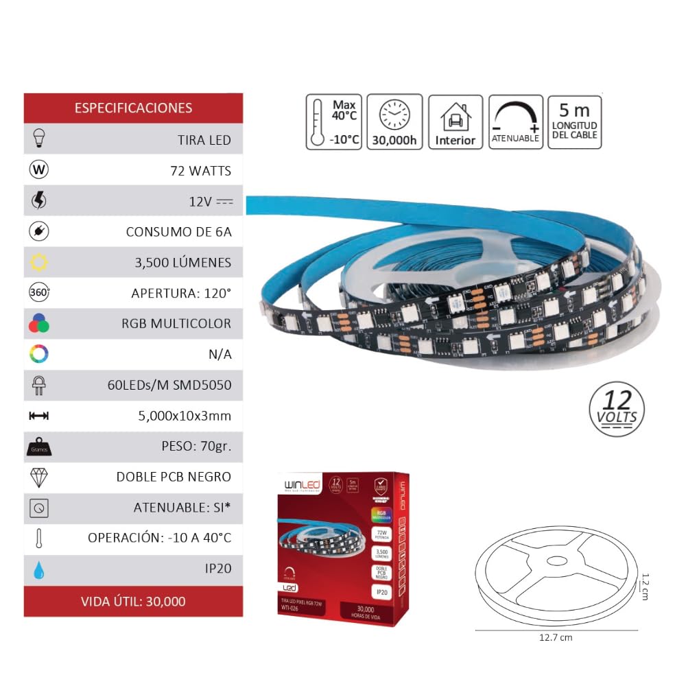 Tira LED Pixel Potencia 72W, 12V, 5 Metros, RGB Multicolor, 3,500 Lúmenes, LED independientes que pueden iluminarse en diferentes colores y patrones