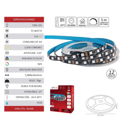 Tira LED Pixel Potencia 72W, 12V, 5 Metros, RGB Multicolor, 3,500 Lúmenes, LED independientes que pueden iluminarse en diferentes colores y patrones
