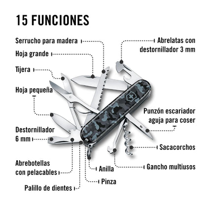 Victorinox Huntsman Navy Camuflage, 91 mm, 15 Usos | Cuchillo oficial con sierra para madera, tijeras, hoja y sacacorchos. Cuencos ABS de 91 mm de largo en camuflaje azul marino