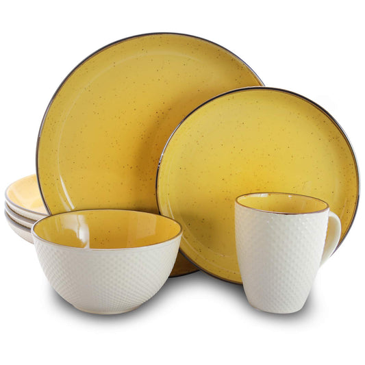 Elama's Luxuriously Mellow Yellow Juego de vajilla de 16 piezas con ajuste completo para 4