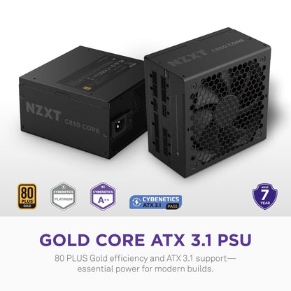NZXT C850 Gold Core - Fuente de alimentación ATX 3.1 de 850 W - 80 Plus Gold - Cybenetics Platinum - Totalmente Modular - PCIe 5.1 600W 12V-2x6 - Ventilador Zero RPM - Condensadores de 105°C - Negro