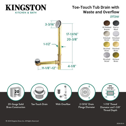 Kingston Brass Desagüe Para Tina DTT2160MB | Polished Chrome, 20-5/8 in ~ 18-1/16 in, desbordamiento de 16 pulgadas