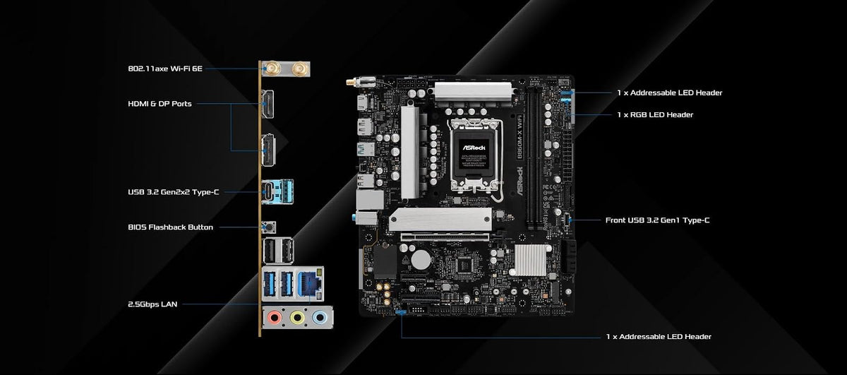 ASRock B860M X WiFi 6E DDR5 hasta 9066+ (OC) MHz 128GB M.2 B860 LGA1851 Micro ATX Placa Base Intel Core Ultra (Serie 2) BIOS Flashback SATA3 6.0 GB/s PCIe 4.0 x16 Realtek 2.5G LAN 7 x USB 3.2
