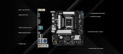 ASRock B860M X WiFi 6E DDR5 hasta 9066+ (OC) MHz 128GB M.2 B860 LGA1851 Micro ATX Placa Base Intel Core Ultra (Serie 2) BIOS Flashback SATA3 6.0 GB/s PCIe 4.0 x16 Realtek 2.5G LAN 7 x USB 3.2