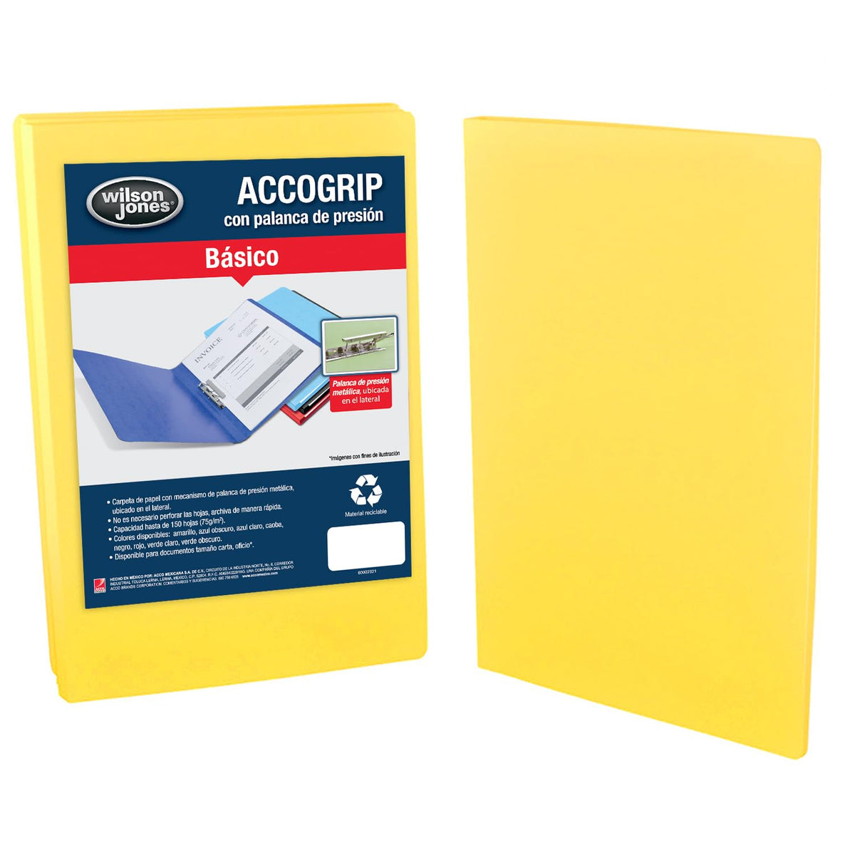 Wilson Jones / Carpeta con Mecanismo de Palanca Accopress&Accogrip Folder. Oficio p/ 150 Hojas. Amarillo 48 pzas. P0974